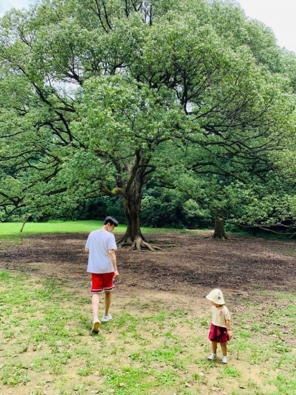 朱丹一家三口逛公园 周一围穿着红色短裤陪女儿玩耍